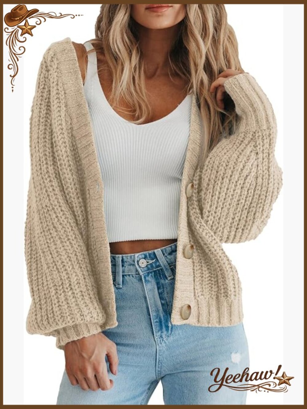 Chunky Knit Open Front Cardigan Long Sleeve Button Loose Short Sweater Coat - Picture 1 of 7